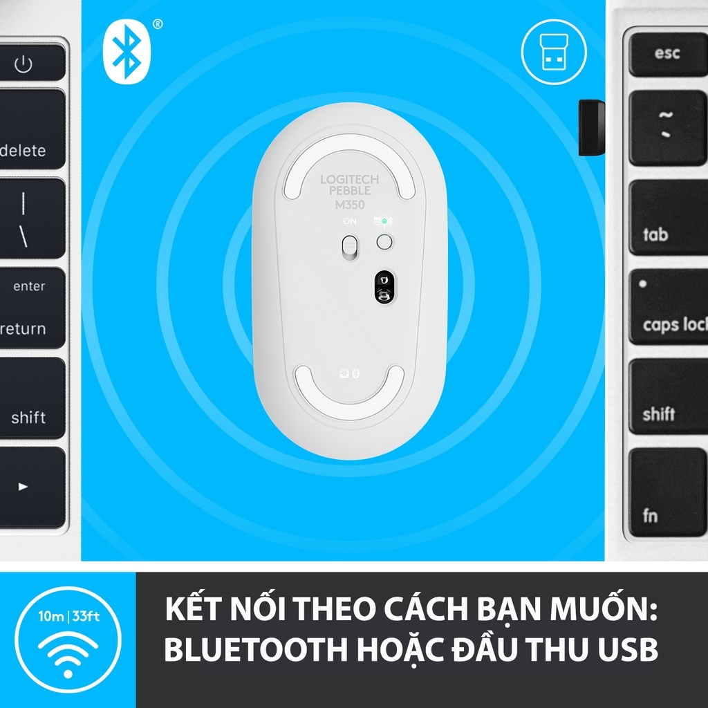 Chuột không dây Logitech Pebble M350 (Bluetooth/ USB, nhỏ gọn, giảm ồn, MacOS / PC)