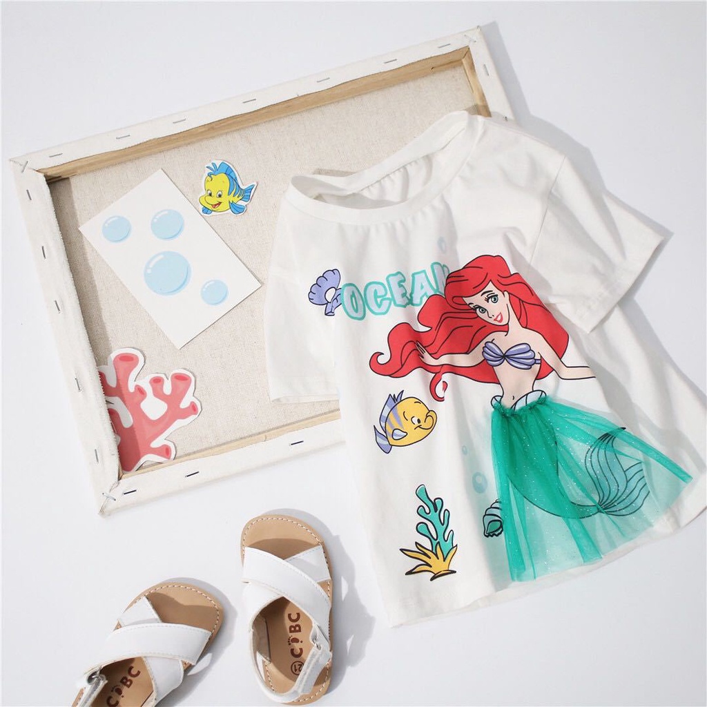 DISNEY Áo Thun Ngắn Tay In Hình Nàng Tiên Cá Ba Chiều Dễ Thương Cho Bé Gái