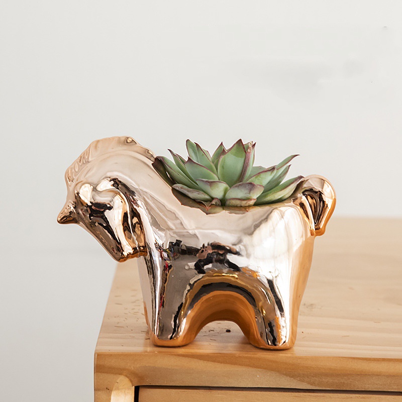 Chậu trồng sen đá cây mini để bàn hình ngựa mạ điện có lỗ thoát nước trang trí để bàn cực xinh
