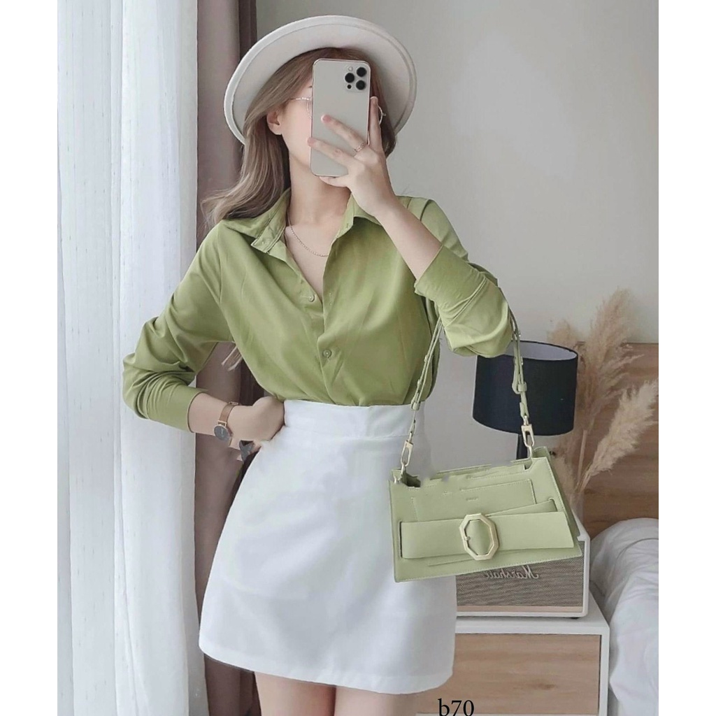 sét áo dài tay cổ sơ mi kèm chân váy, trẻ trung năng động