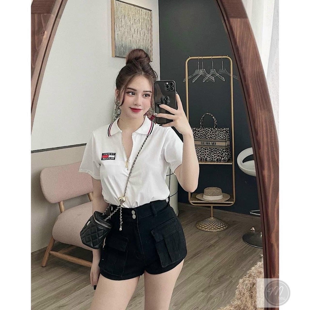 Áo polo tommy cộc tay trắng suông basic - Thun suông cổ bẻ phối khóa zip dáng rộng, họa tiết logo hot trend Ulzzang
