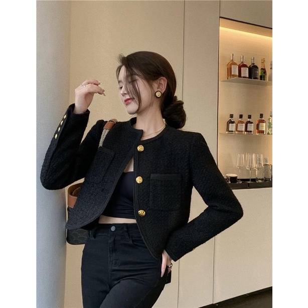 Áo Dạ Tweed Đen Dáng Ngắn Hàng QCCC