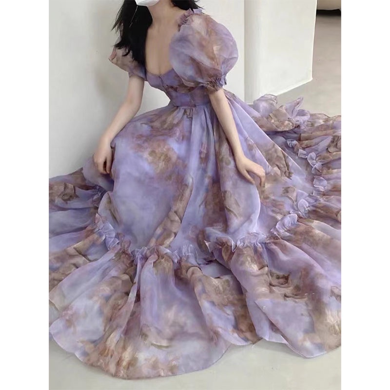 Đầm in hoa tím dài dáng ôm hở lưng thời trang hè thời trang retro Pháp cho nữ