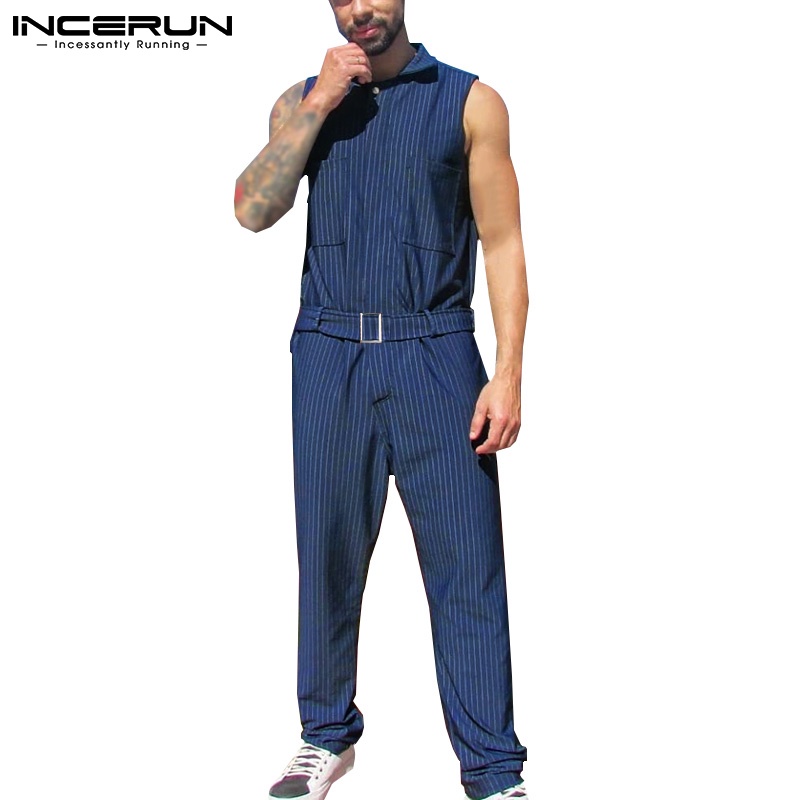 Áo liền quần Incerun không tay in kẻ sọc có thắt lưng kiểu mùa hè cho nam