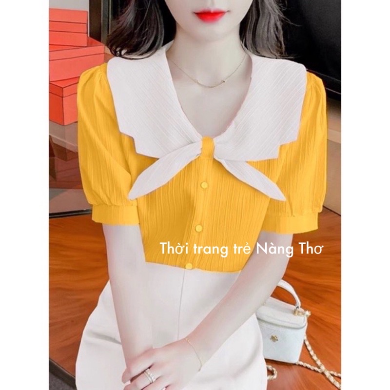 Áo sơ mi phối cổ vải xốp gân siêu dễ thương