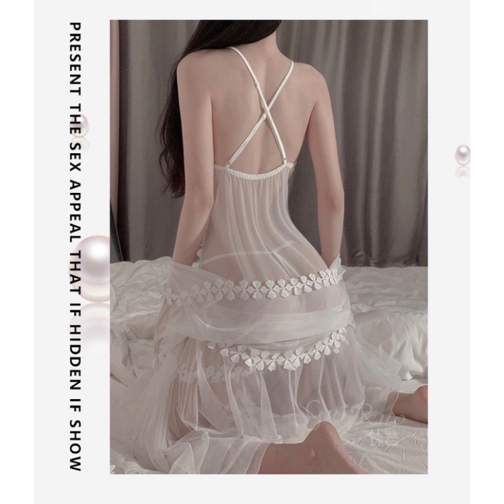 Váy đầm ngủ hai dây xuyên thấu gơi cảm phối hoa sexy nữ 1551 [MEOW Corset]