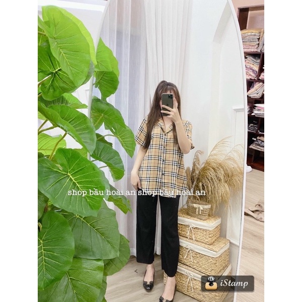 áo sơ mi kẻ có túi ngực form rộng cộc tay ngắn -không bầu mặc cũng đẹp