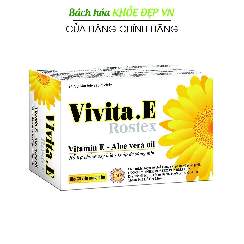 Viên uống đẹp da bổ sung Vitamin E, Omega 3, tinh dầu nha đam - Hộp 30 viên [Vivita.E Rostex Trắng]
