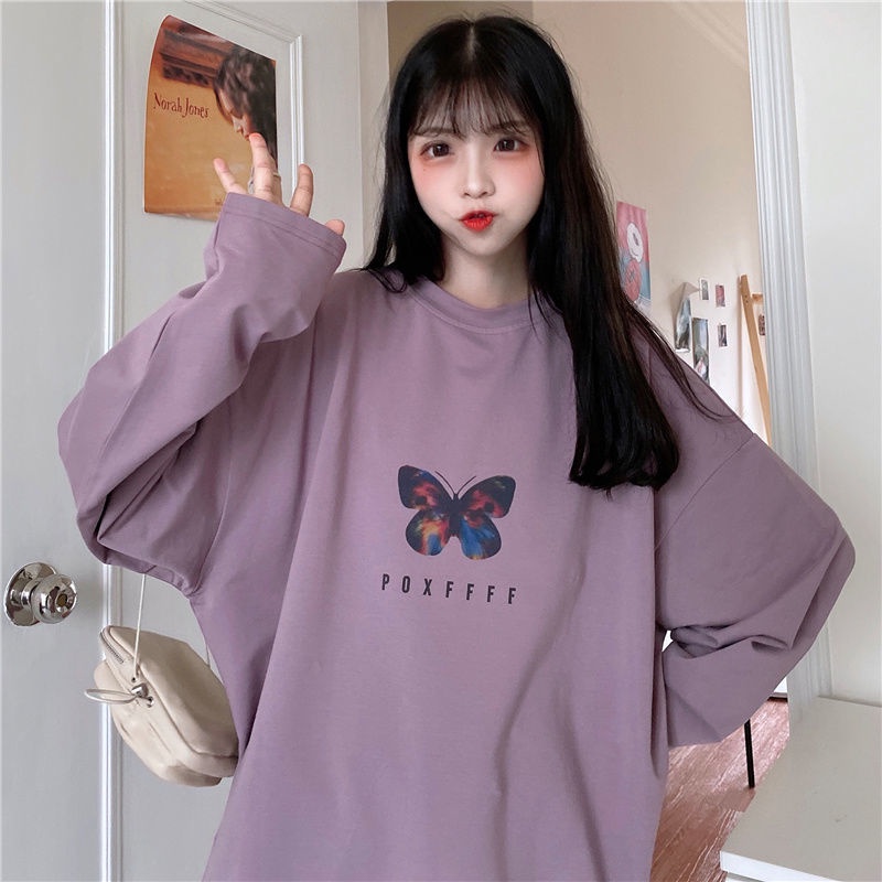 Áo Thun Tay Dài Dáng Rộng In Họa Tiết Bươm Bướm Phong Cách Nhật Hàn Thời Trang 2022 Cho Nữ