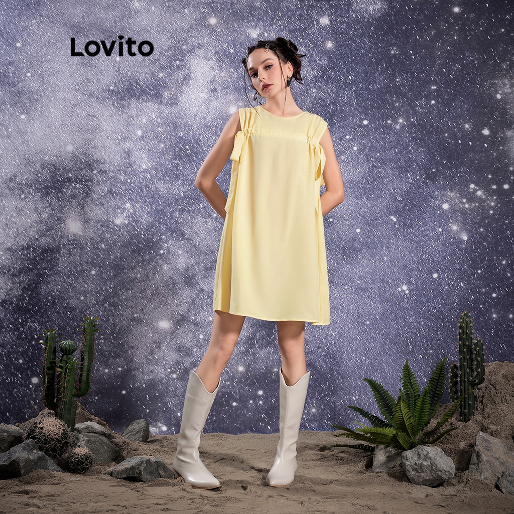 Lovito STAR GIRL Dây rút trơn giản dị Đầm nữ chữ A phức hợp L32AE026 (Vàng nhạt)
