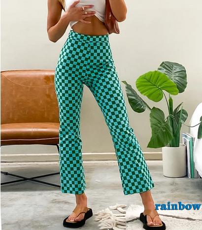 RAINBOW-Women Casual Skinny Pants, Classic High Waist Plaid Printed Slim Fit Flare Pants