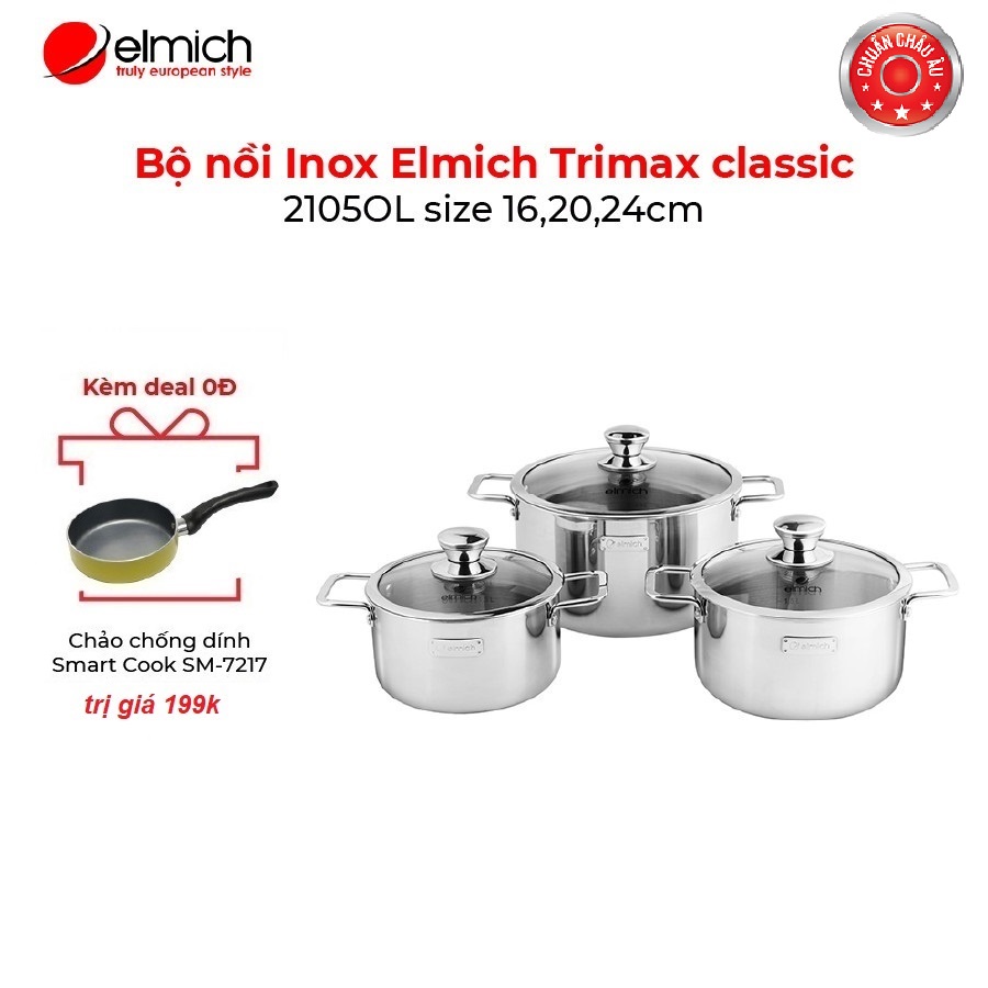 Bộ nồi Inox 3 lớp đáy liền Elmich Trimax classic 2105OL size 16,20,24cm