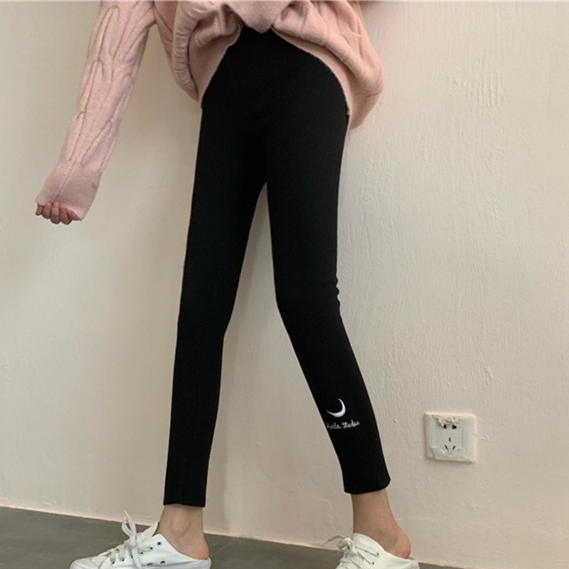 Women Embroidery Letters Skinny Tights Leggings Stretchy Elastic Trousers
