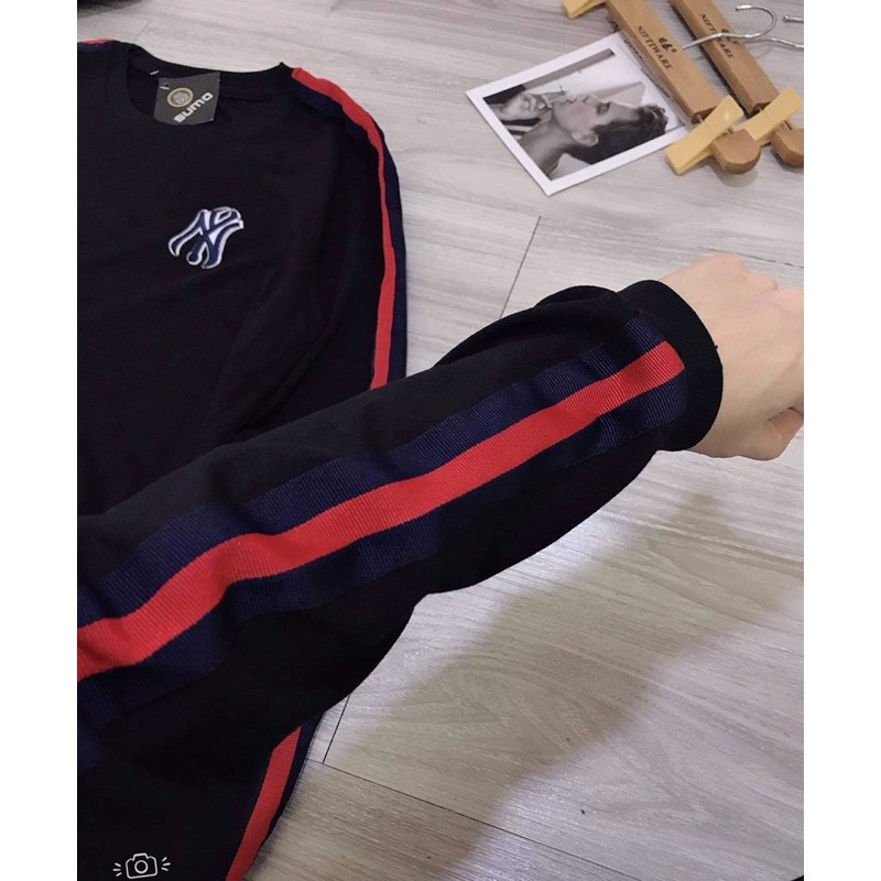bộ thể thao nam Ny cổ tròn dài tay phối sọc đỏ