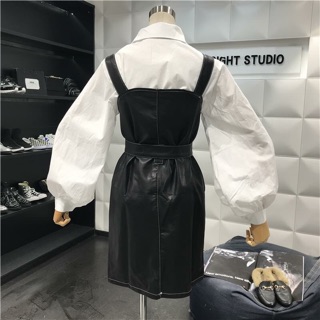Set áo sơ mi tay bồng+yếm da