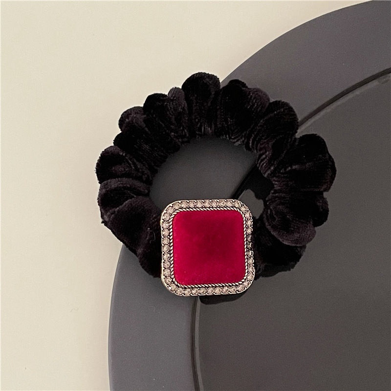 Dây buộc tóc cao su mặt vuông màu đỏ rượu vang phong cách Hàn Quốc cổ điển