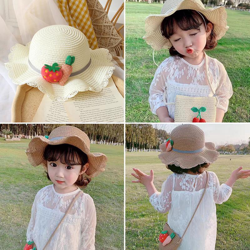 Túi cói đeo chéo / Mũ tai bèo kiểu dáng Hàn Quốc cho bé gái