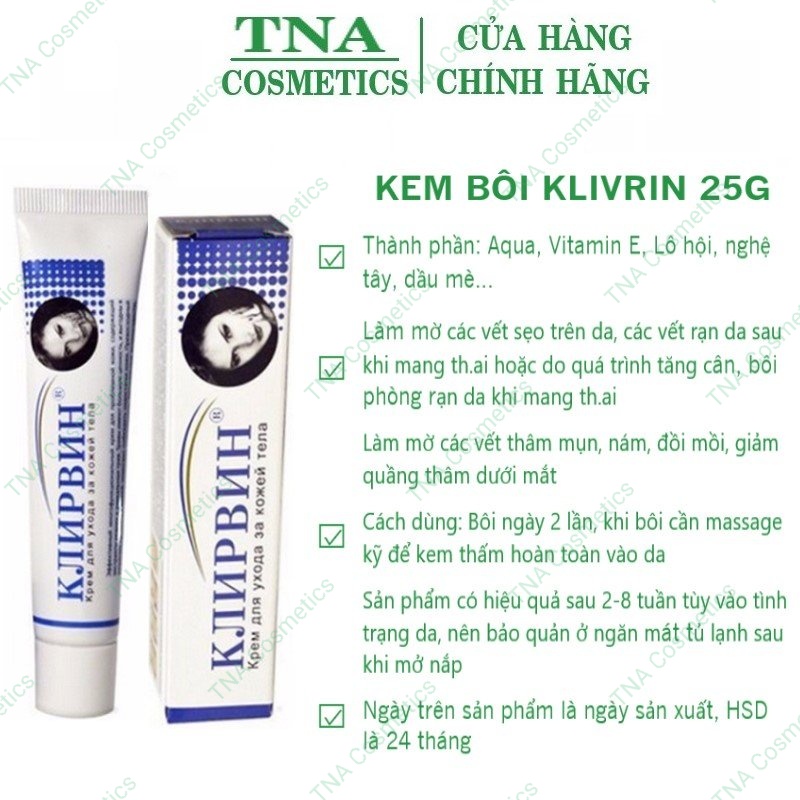 Kem bôi mờ sẹo, giảm thâm, làm mờ các vết rạn da, đồi mồi Klirvin 25g hàng nội địa Nga