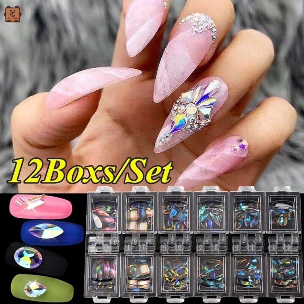 Set 12 hộp đá quý nhân tạo lấp lánh trang trí móng nghệ thuật 3D