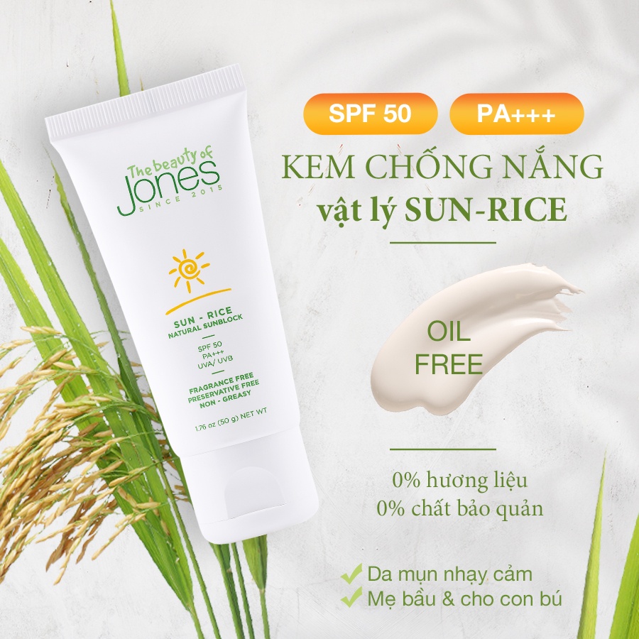 Kem chống nắng từ gạo dành cho da mụn nhạy cảm The Beauty of Jones 50gr