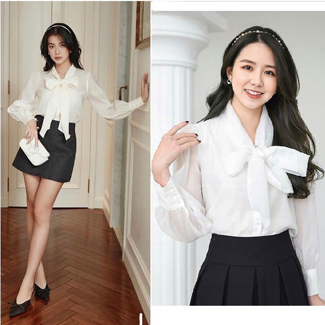 Áo sơ mi kiều nữ nơ cổ bản to đính cúc ngọc sang chảnh chất voan cứng lên form cực đẹp (Thời trang công sở