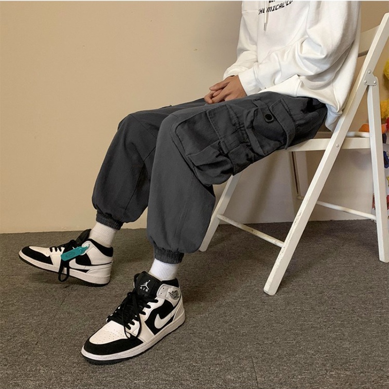 Quần dài ống rộng màu trơn thiết kế dây rút nhiều túi phong cách hiphop đường phố thời trang cho nam size m-4xl