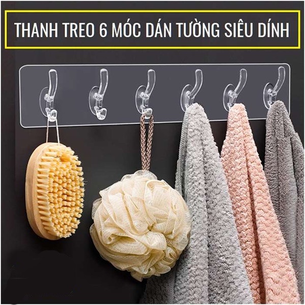 Móc Treo Đồ Dán Tường Chịu Lực Siêu Dính 6 MÓC- Thanh 6 móc treo đồ dán tường siêu dính chịu lực đa năng