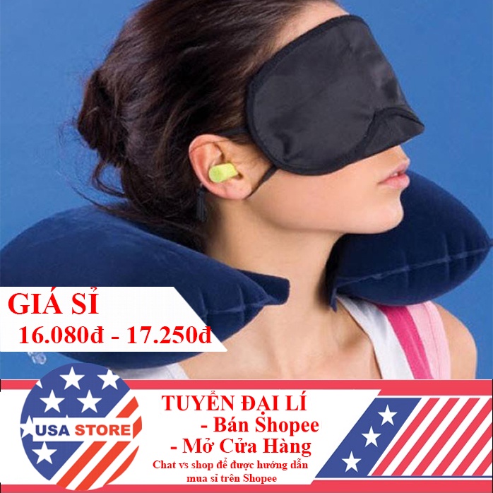 Gối Hơi Chữ U Kê Cổ Du Lịch KÈM BỊT MẮT, TAI - Gối Ngủ Trưa Văn Phòng, Máy Bay, Ô Tô, Chống Mỏi Vai Gáy