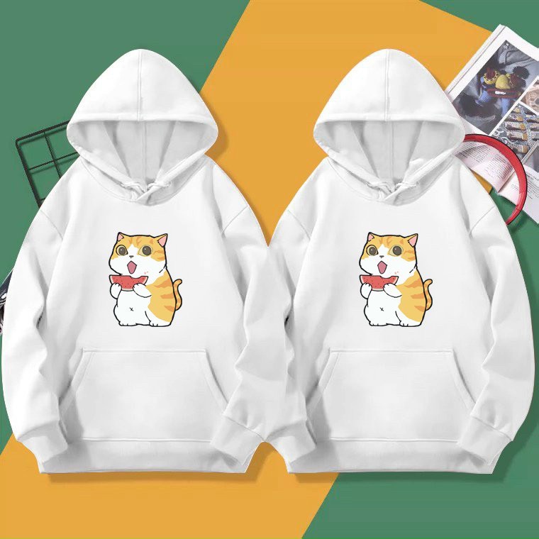 ÁO KHOÁC NỈ UNISEX IN CẶP MÈO ĂN DƯA CỰC ĐẸP HAI MÀU ĐEN TRẮNG