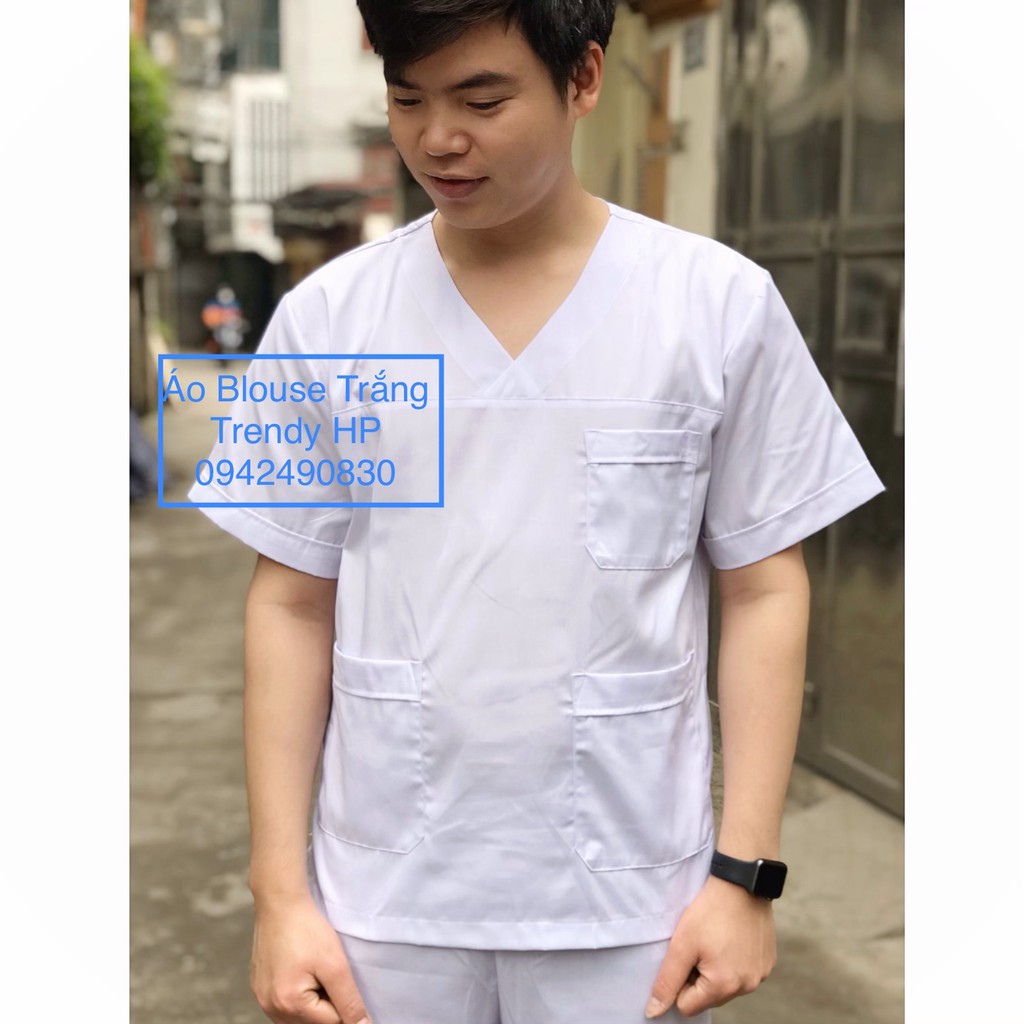 Bộ quần áo blouse y tá, dược sĩ nam cổ tim - bộ scrubs trắng bác sĩ