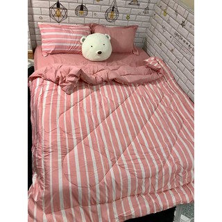 Bộ Ga Giường Chần Bông Hồng Sọc Đậm Cotton M6*2M-M8*2M((1 Chăn Phao, 1 Ga, 2 Vỏ Gối Đầu, 1 Vỏ Gối Ôm)