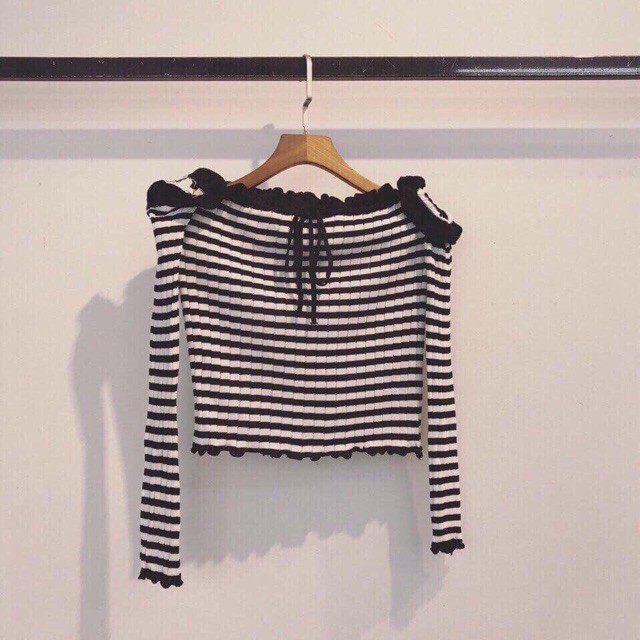 Áo Len Kẻ Trễ Vai Tay Dài (#452)_Xưởng May Quang Anh