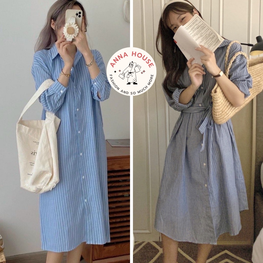 Váy sơ mi nữ dáng suông dài kẻ sọc dài tay kèm đai hai màu đen xanh, Đầm sơ mi dáng dài suông rộng kẻ sọc đai eo