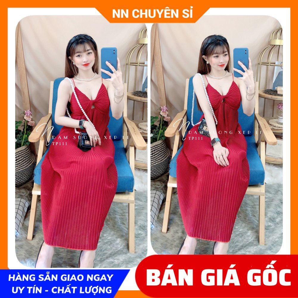 Đầm voan xếp li 2 dây xoắn ngực vải mềm mát  Đầm bầu dễ thương TP111
