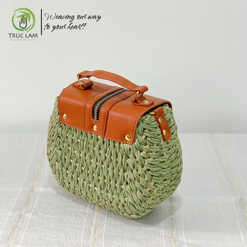 Túi Cói Đeo Chéo Thời Trang Nữ Hình Hộp Nắp Da Thật – Trúc Lâm Handmade