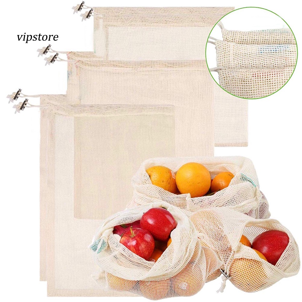 Set 6/9/12 túi lưới cotton đựng thực phẩm trái cây tái sử dụng