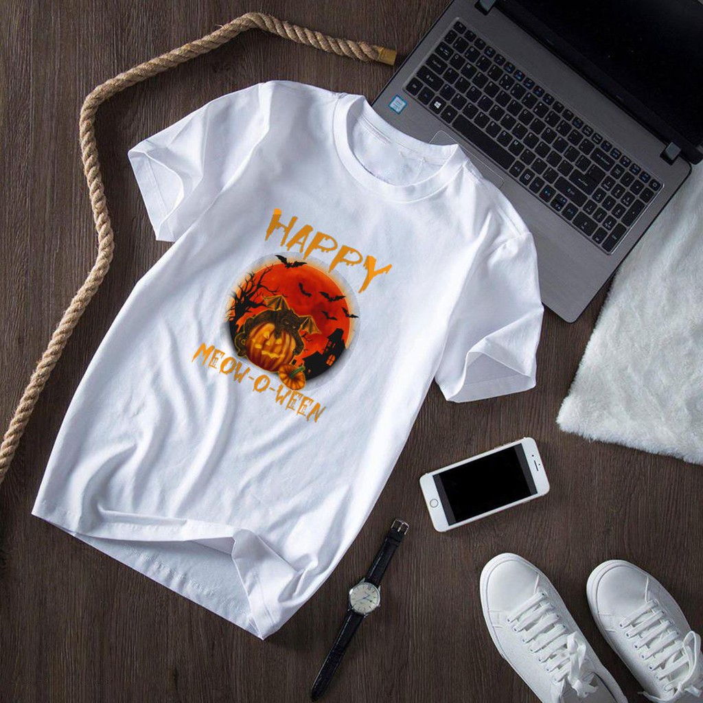 ÁO THUN UNISEX HALLOWEEN Happy Meow TAY NGẮN TAY LỠ NAM VÀ NỮ AOMI IN HÌNH SIÊU HOT AOMIVN