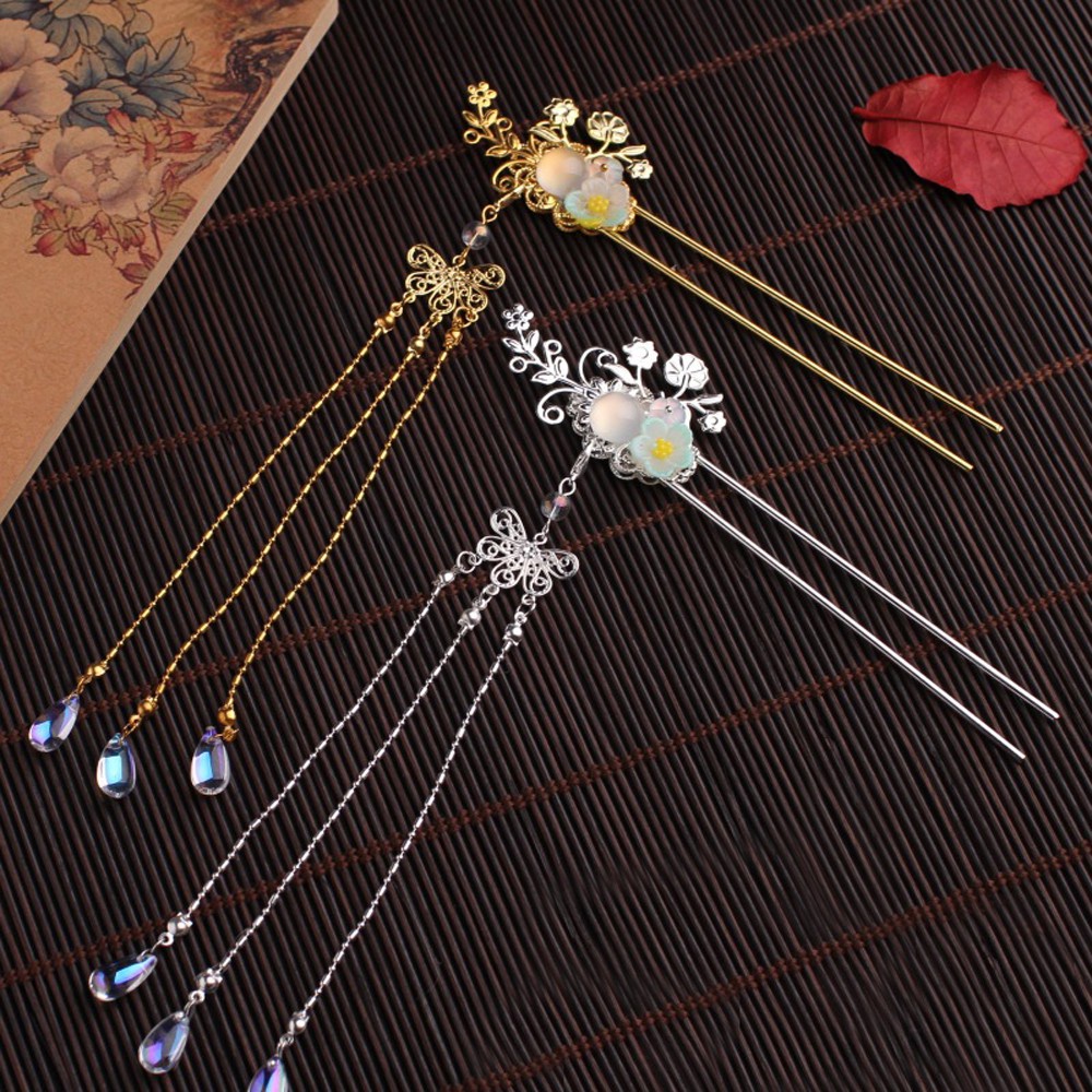 Trâm cài tóc đính ngọc trai giả phối tua rua phong cách Trung hoa cổ điển thời trang dành cho cô dâu