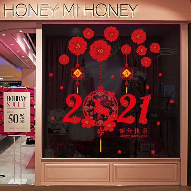 Decal trang trí Tết - 2021 Mai đỏ Trâu lớn mới