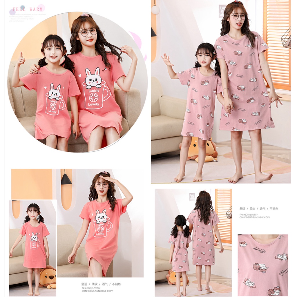 Đầm Ngủ Tay Ngắn Chất Liệu Cotton Thời Trang Xuân Hạ Cho Mẹ Và Bé Kích Thước 100-180cm