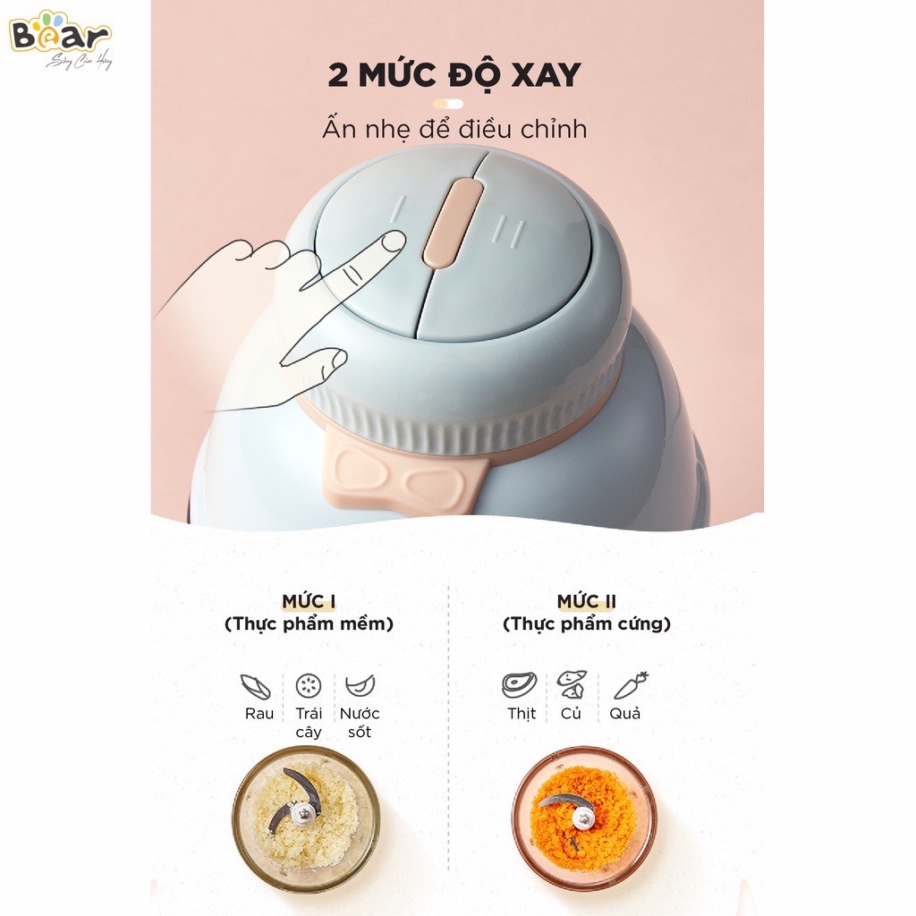 Máy xay ăn dặm mini đa năng cho bé ăn dặm 0.6L Bear QSJ-C02K1, 2 mức độ xoay, cối thủy tinh, lưỡi dao innox không gỉ