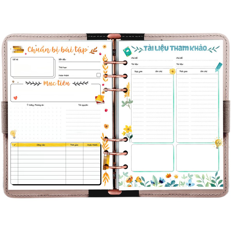 Sổ còng 6 lỗ A5 refill sinh viên, study planner, cornell, bullet journal in màu, giấy 120gsm, 100 trang