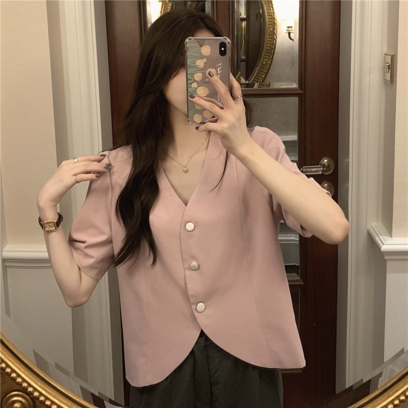 Áo Sơ Mi Nữ Cổ Chữ V Tay Ngắn Cài Một Hàng Nút Màu Hồng 53025