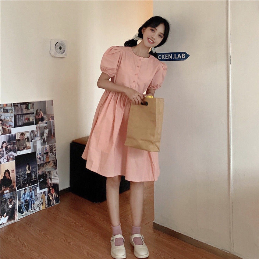 Đầm Chữ A Tay Ngắn Cổ Tròn Màu Trơn Phong Cách Preppy Dễ Thương Thời Trang Mới Cho Nữ