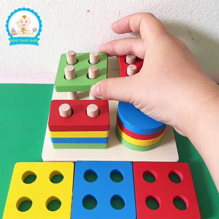 Đồ chơi Montessori bảng chuỗi thả hình bằng gỗ giúp bé học phân biệt màu sắc hình khối