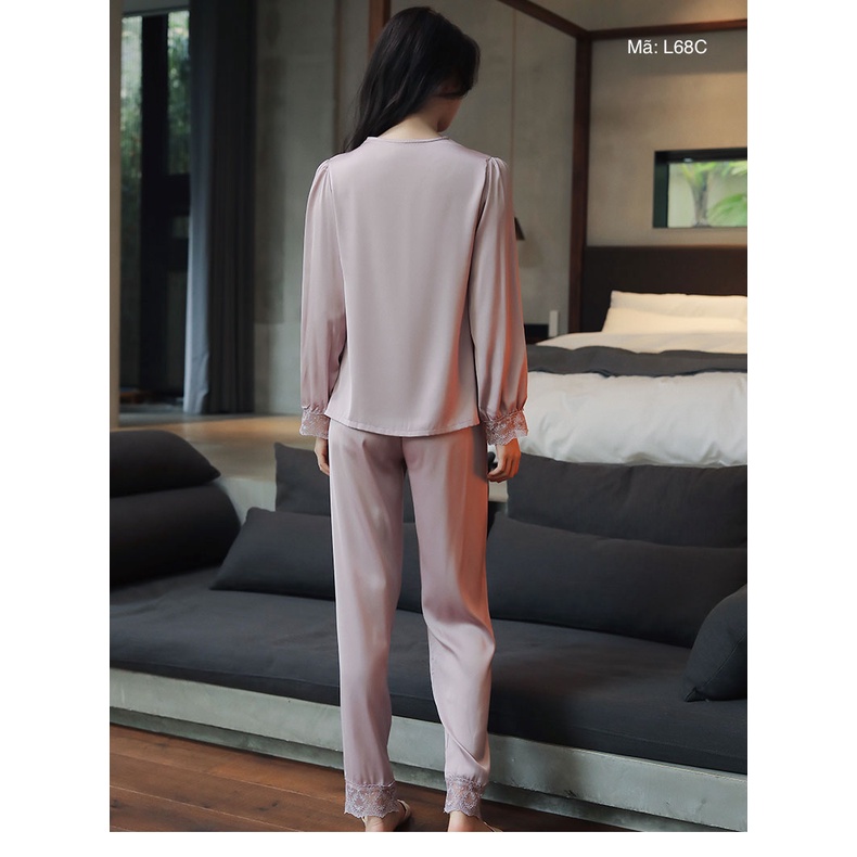 Bộ đồ mặc nhà pijama lụa phối ren cao cấp dài tay nữ tính mềm mịn, mát khi mặc