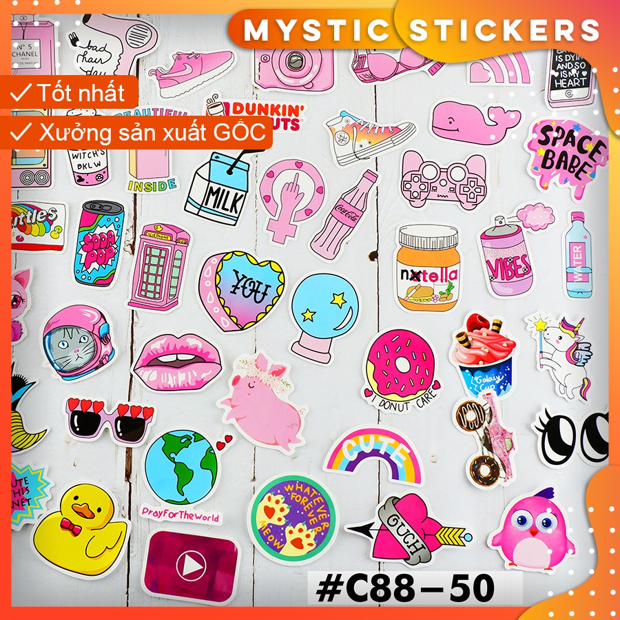 [HỒNG PASTEL] 52 Sticker chống nước/dán xe laptop mũ bảo hiểm vali...