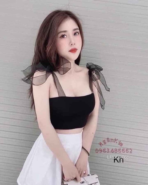 (Ảnh thật) Áo kiểu croptop 2 dây buộc vai (đen/trắng)