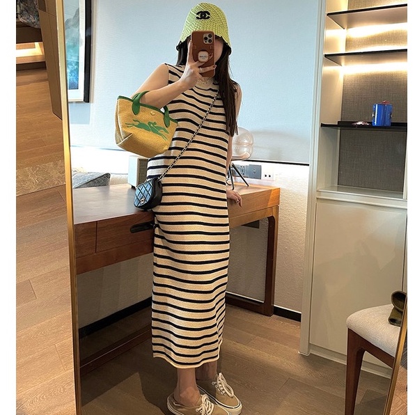 Đầm Dệt Kim Sát Nách Dáng Dài Form Rộng Xẻ Tà Họa Tiết Kẻ Sọc Thời Trang Mùa Hè Phong Cách Hàn Quốc Cho Nữ
