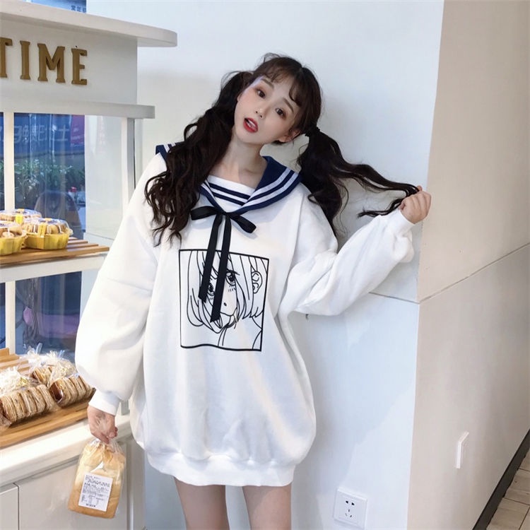 Áo Sweater Tay Dài Cổ Thủy Thủ Dáng Rộng Phong Cách Nhật Bản Cho Nữ